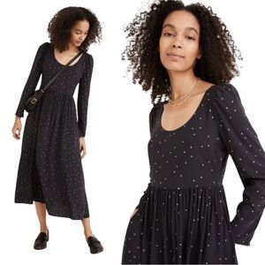 MADEWELL Alicia Dress Dark Blue Night Stars Print Long Sleeve Midi #ND173